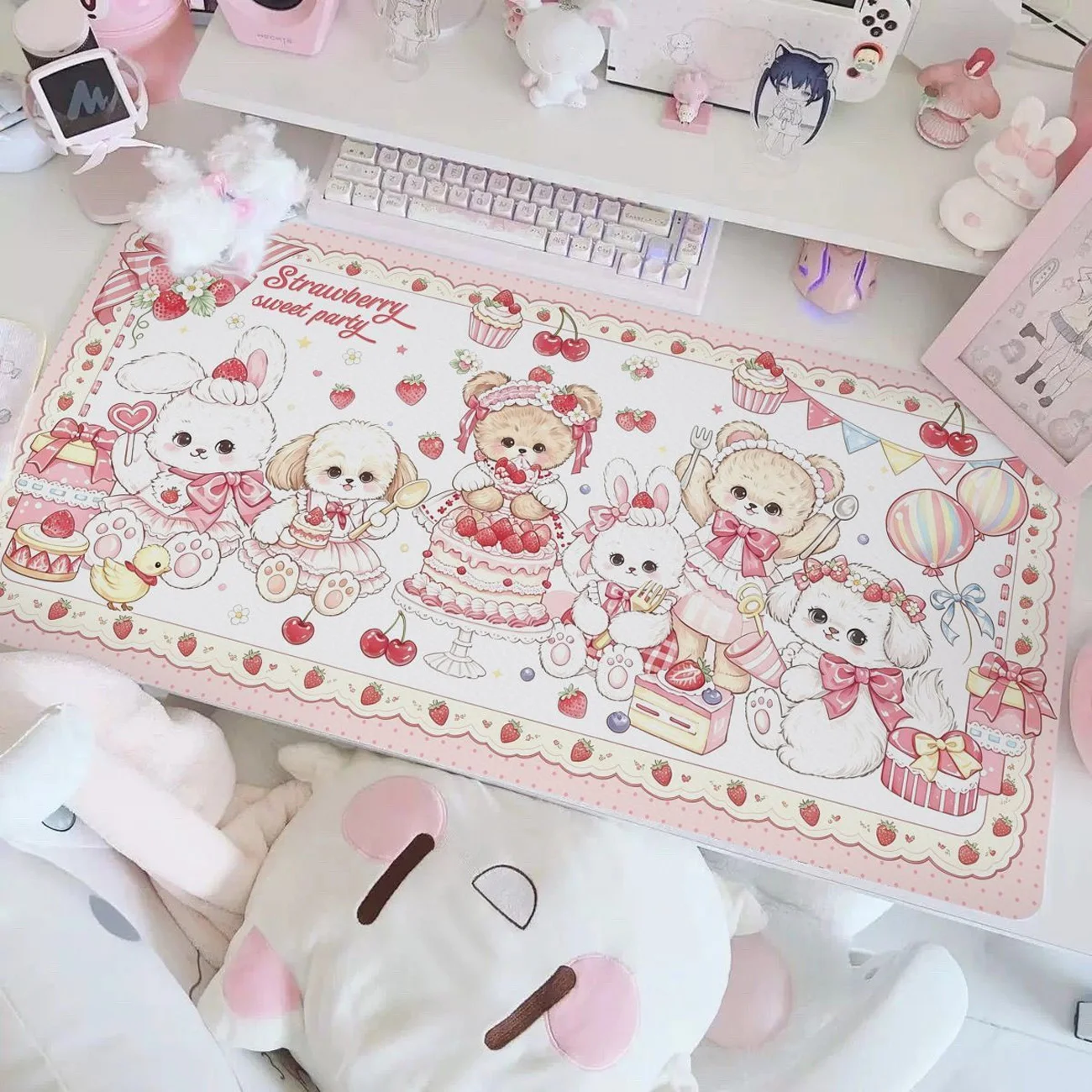 Cute Pet Party PU Leather Desk Mat Cute Bunny Bear Puppy Cake Mouse Pad Waterproof Non-Slip Kawaii Girls Desktop Keyboard Pad