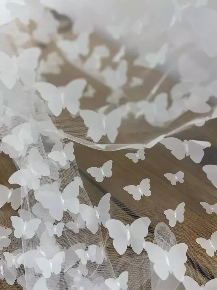 3D flying butterfly gauze material laser embroidery silver edge butterfly embroidery flower handmade diy wedding dress fabric