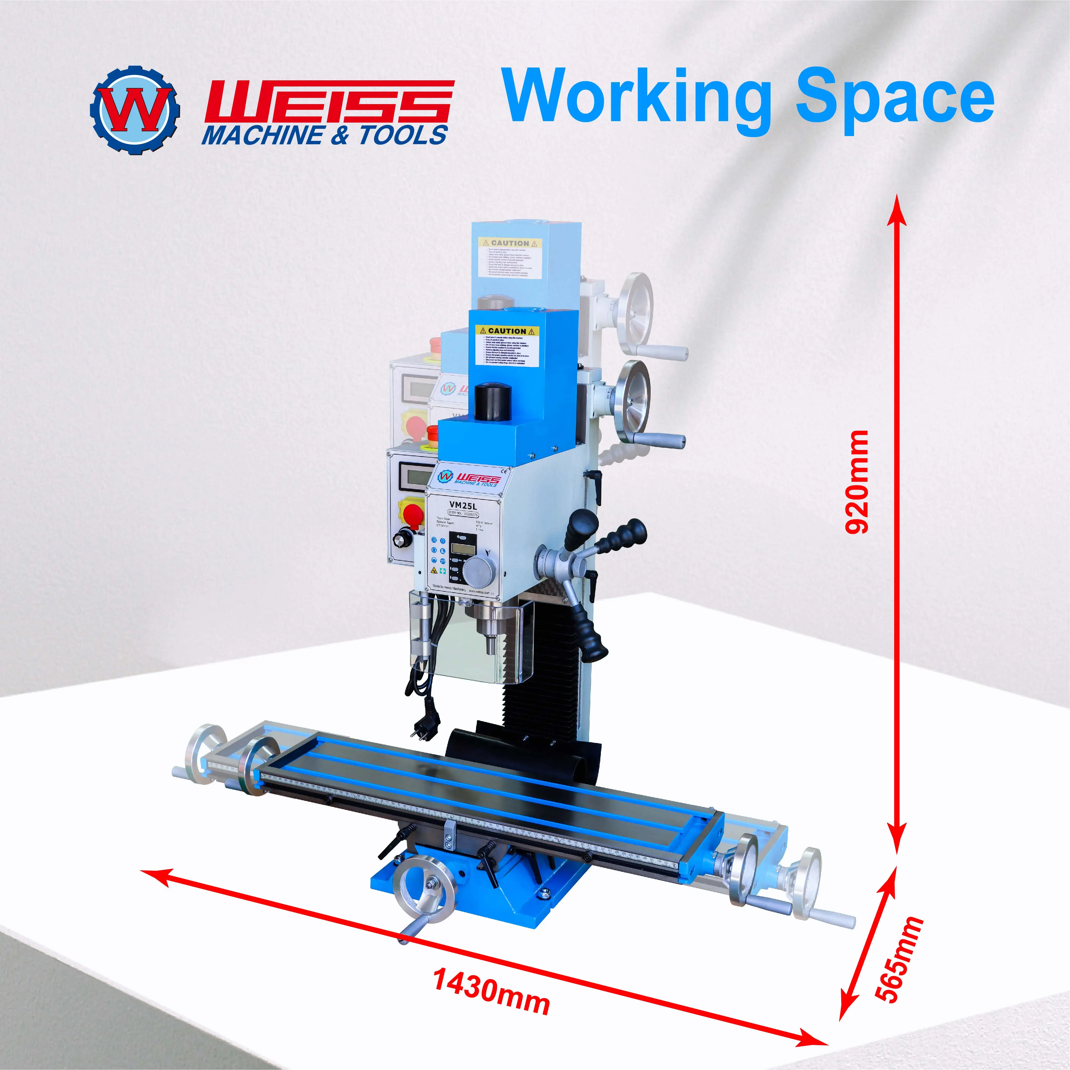 WEISS Milling Machine VM25L 1100W Brushless Motor Mill Drill MT3 R8 Variable Speed 2250rpm for Precision Machining