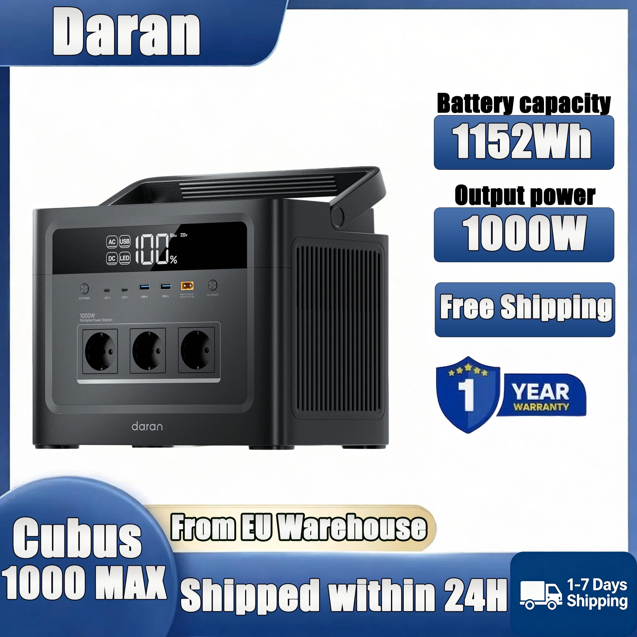 Daran Cubus 1000 MAX Portable Power Station 100W Solar Generator 1152Wh Lifepo4 Battery Home Backup Outdoor Camping Mobile power