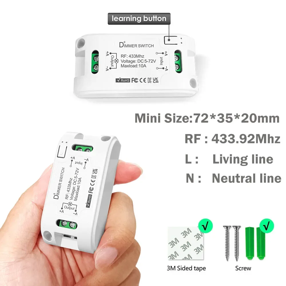 RF Universal Sem Fio Inteligente Interruptor Dimmer Luz, Interruptor de Controle Remoto, Mini Relé, Receptor de Luz, DC 5V, 12V, 24V, 48V, 433 MHz