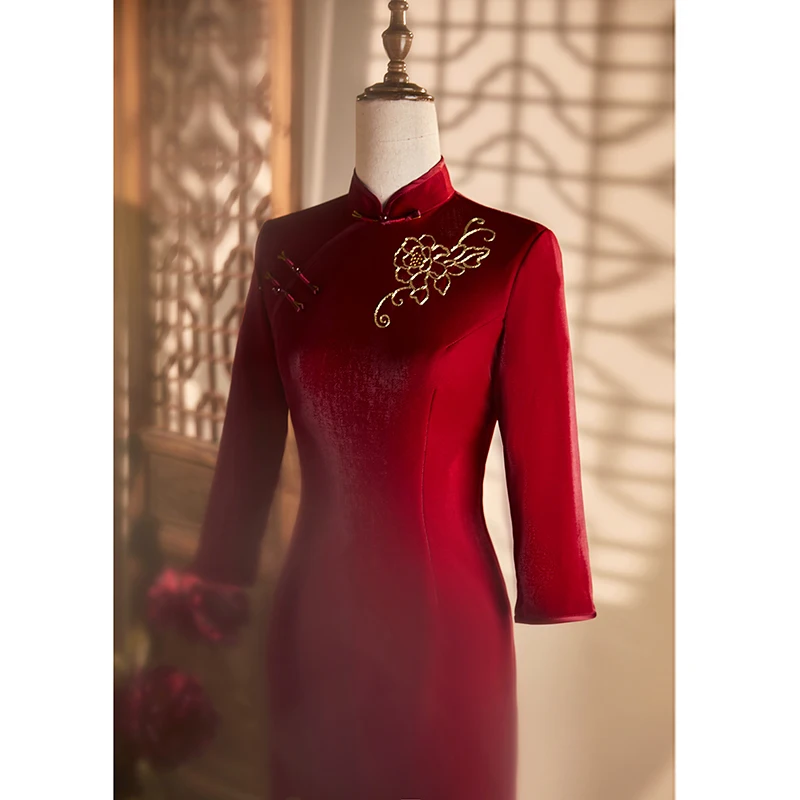 

Ele Long Sve Embroidered Wedding Dr Young Sle Wedding Gown for Mother of the Bride Autumn Winter New Ar...