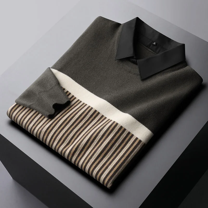 

luxury High end quality fake two piece sweater men's spring and autumn Korean fashion contrast color sweater casual shirt collar