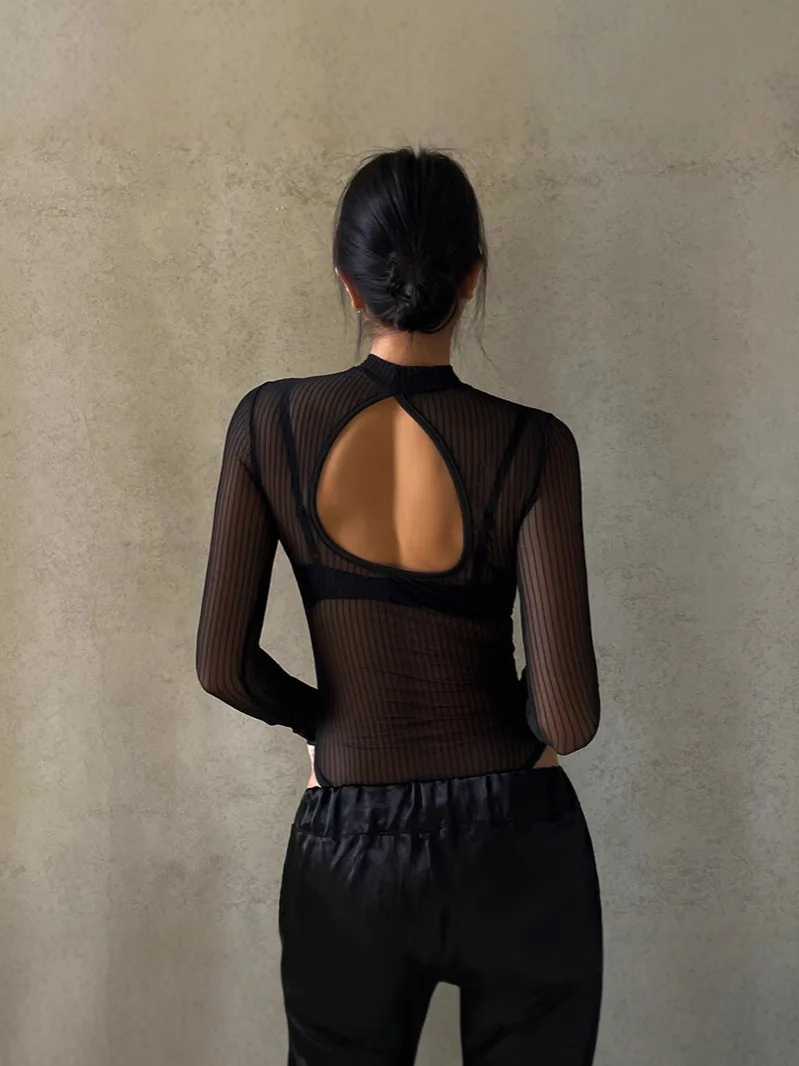 2026 New Arrival Y2K Black Sexy Spicy Girl Style Backless Cutout Lightly Mature Elegance Striped Mesh Sheer Sensual Long Sleeve image 5