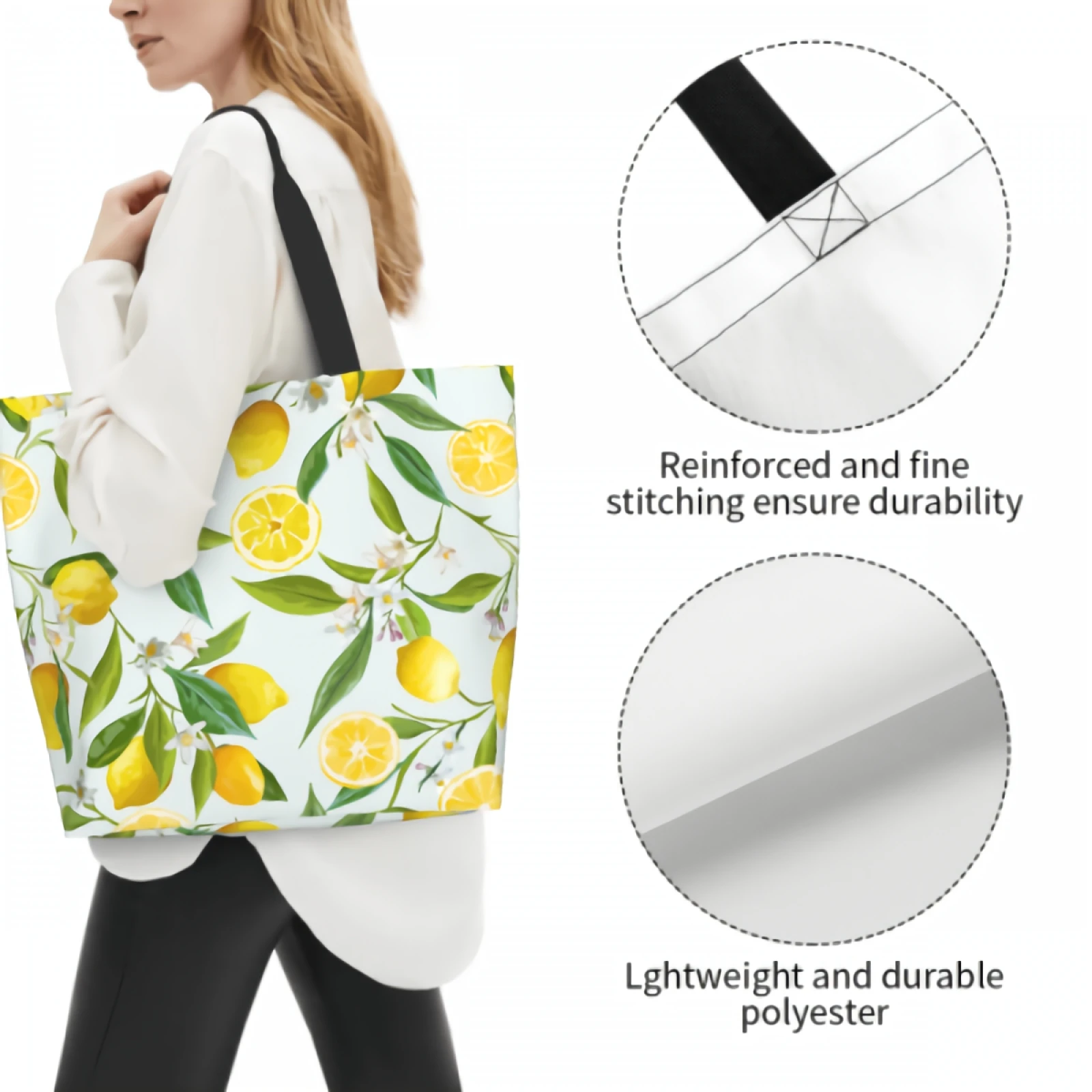 Acquerello limoni Shopping Bag riutilizzabile foglie floreali Tote Bag borsa a tracolla frutta tropicale Casual leggero grande capacità