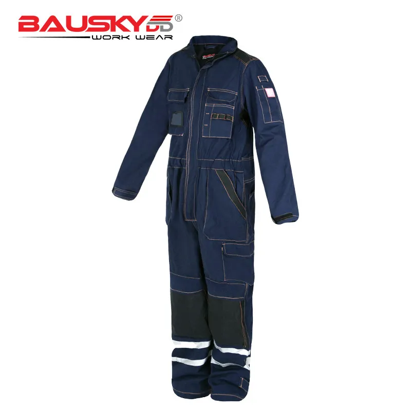 Bauskydd Men's Cargo Coveralls with High Visibility Reflective Stripes Multi Pockets Labor Coveralls with Knee Pads