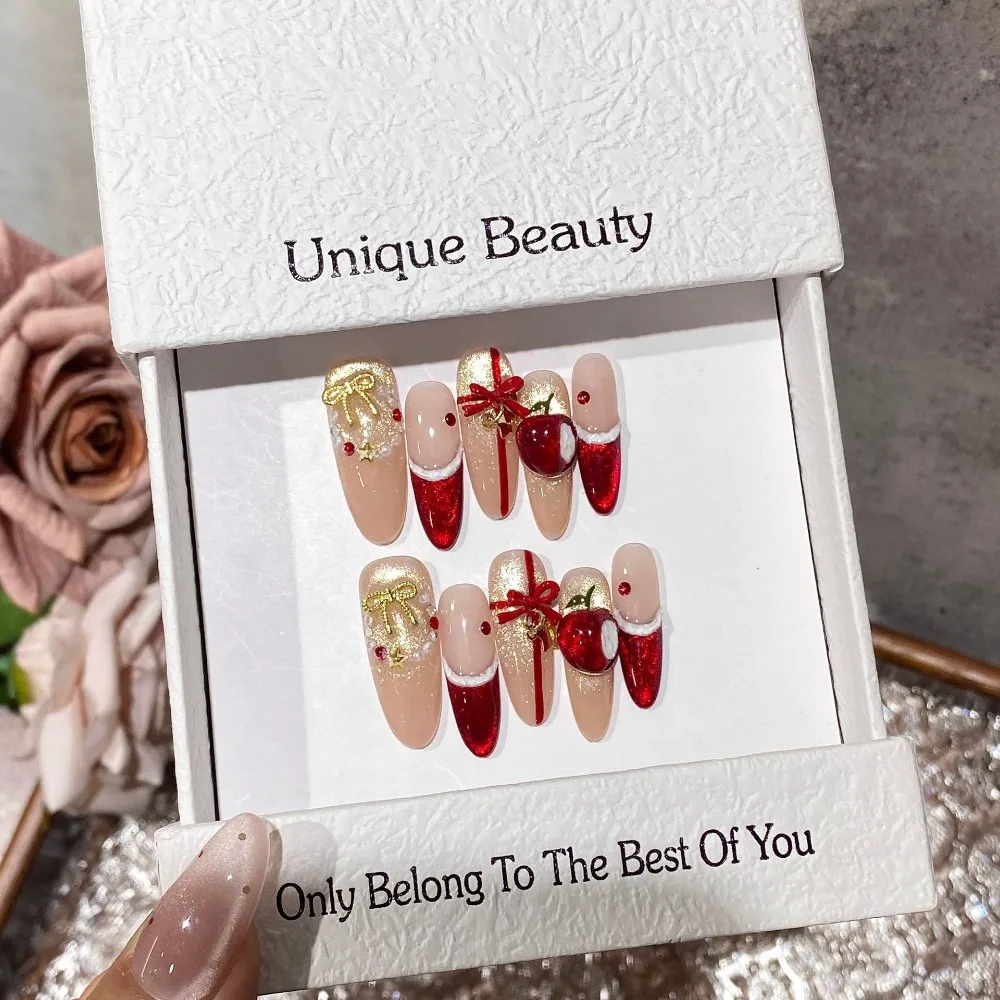 10 Pieces Autumn Winter Christmas Gifts Handmade Press On Nails Gold Bow 3D Red Apple Cat Eye Fake Nails Removable Reusable
