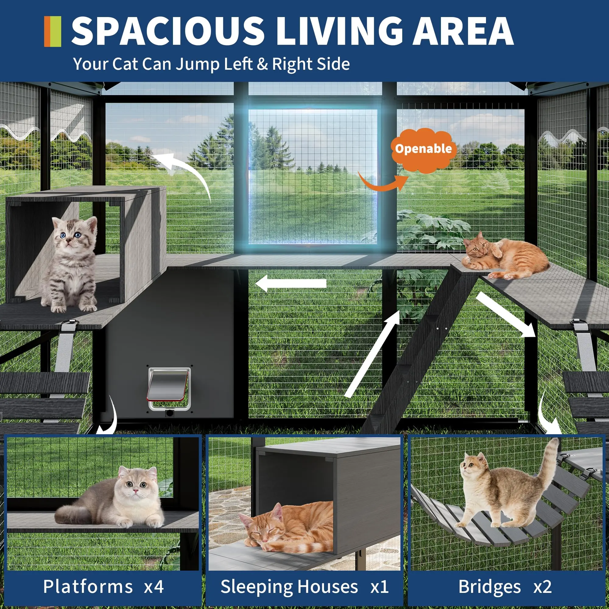 Extra Large Aluminum Outdoor Catio Enclosure For Multiple Cats Walk-in Cat Run With UV-Proof Cover Platforms & Adjustable Doors - view 4