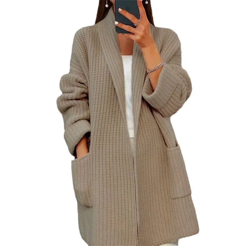 Women's New Fall and Winter Thickened Solid Color V-neck Knitted Cardigan Loose Pocket Sweater Jacket