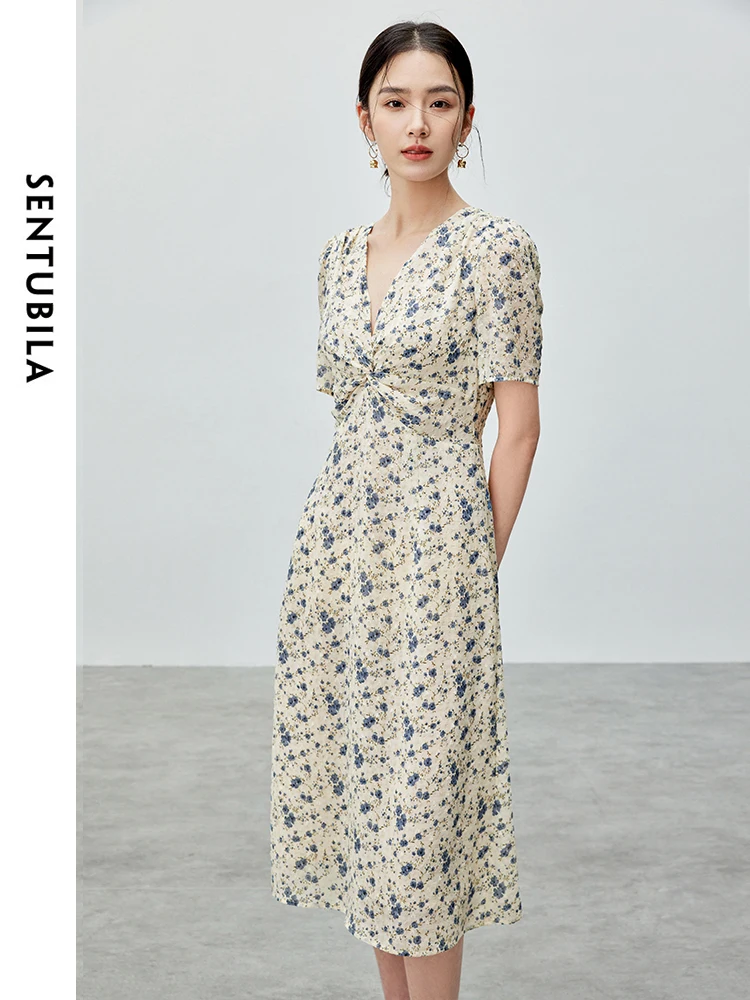 SENTUBILA Floral V Neck Woman Chiffon Dress 2024 Summer Fashion Elegant Printed Pullover Short Sleeve Midi Dresses 142L54955