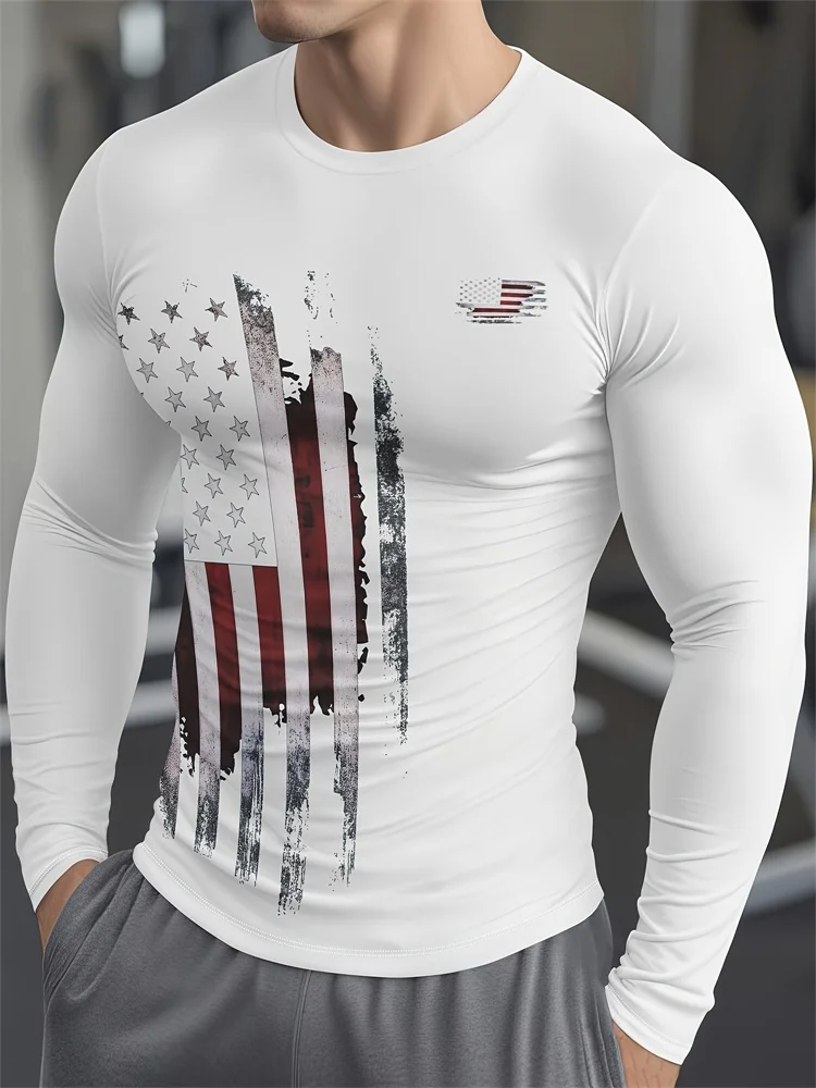 Men's American Flag Long Sleeve T-Shirt Vintage USA Graphic Tee Distressed Patriotic Streetwear Casual Pullover Tops Gift New