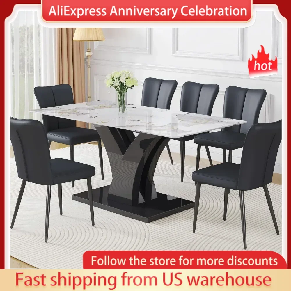 

Dining Room Sets, 67” Kitchen Faux Marble Table and 6 PU Leather Chairs, Rectangular Dining Room Table Set for 6