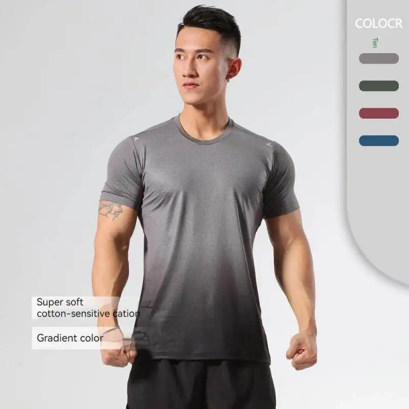 

Men Gradient Color Quick Dry Running T-shirt Breathable Loose Gym Fitness Tops Workout Basketball Short Sleeve Sport Tees Shirt