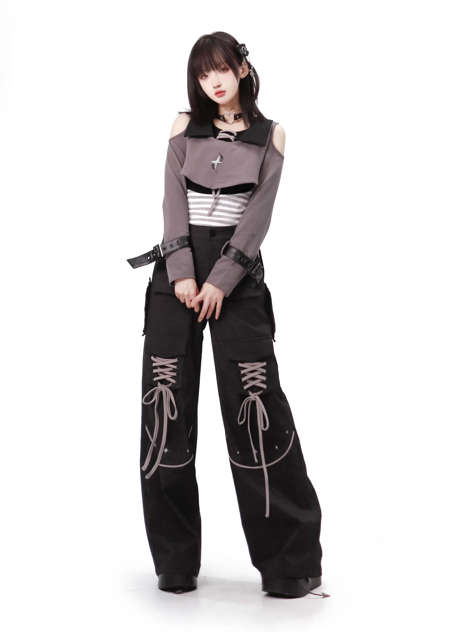 Original Design Autumn and Winter Gray Fleece Jacket Trousers Suit Casual Off Shoulder Long Sleeve Slim T-shirt Top and Skirts