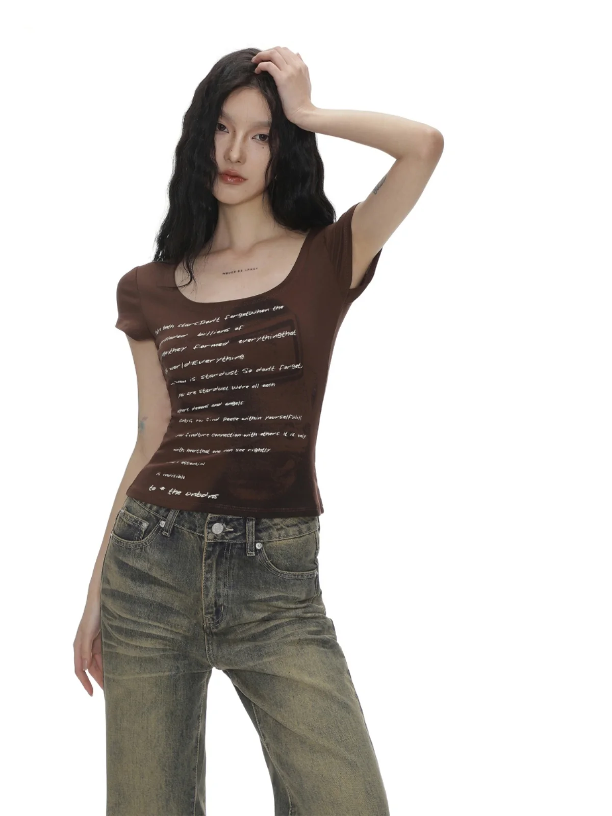  Style American Letter Shadow Print Short Sleeve T-Shirt Women Summer Spicy Slim Fit Shoulder Printed Casual Top