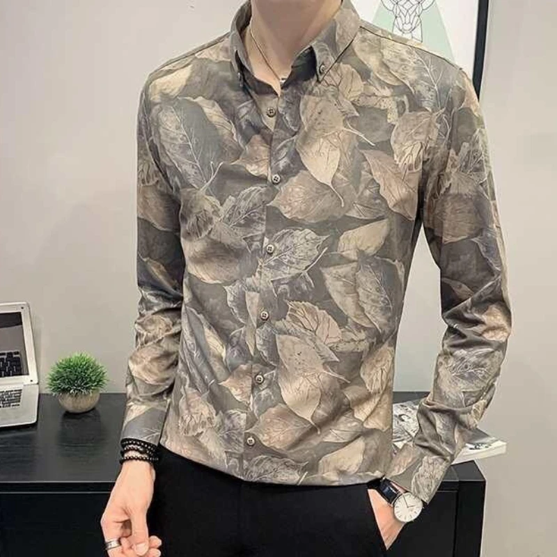 

2026 Autumn New Men's Slim Fit Shirt Long Sleeve Floral Print Casual Korean Style Daily Wear Top