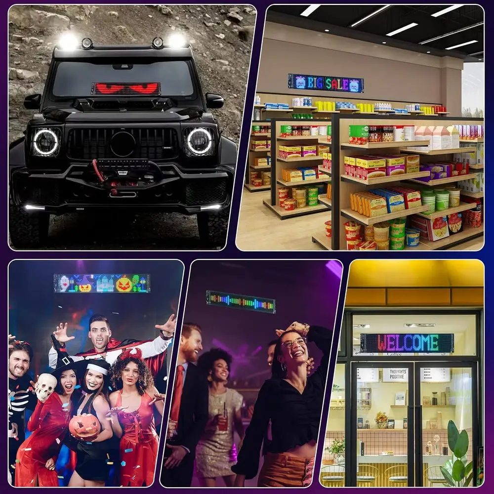 Cartello per auto a LED regolabile 23,4 x 4,7 con app e telecomando per parabrezza