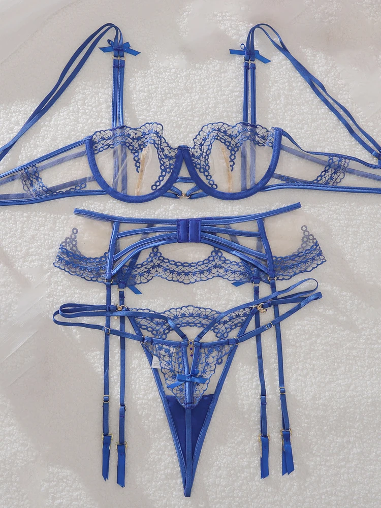 2025 Sexy Woman Underwear Premium Lingeries Sexy Hot Fantasy Bowknot Diamond Girl 3PCS Set Honey Embroidered Sheer Suit