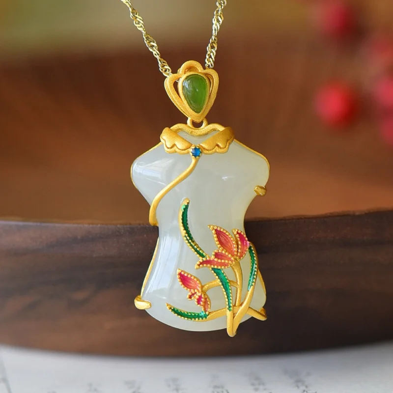Traditional Silver Inlaid Hetian Jade Cheongsam Flagship Ethnic Ancient Style Women'S Pendant