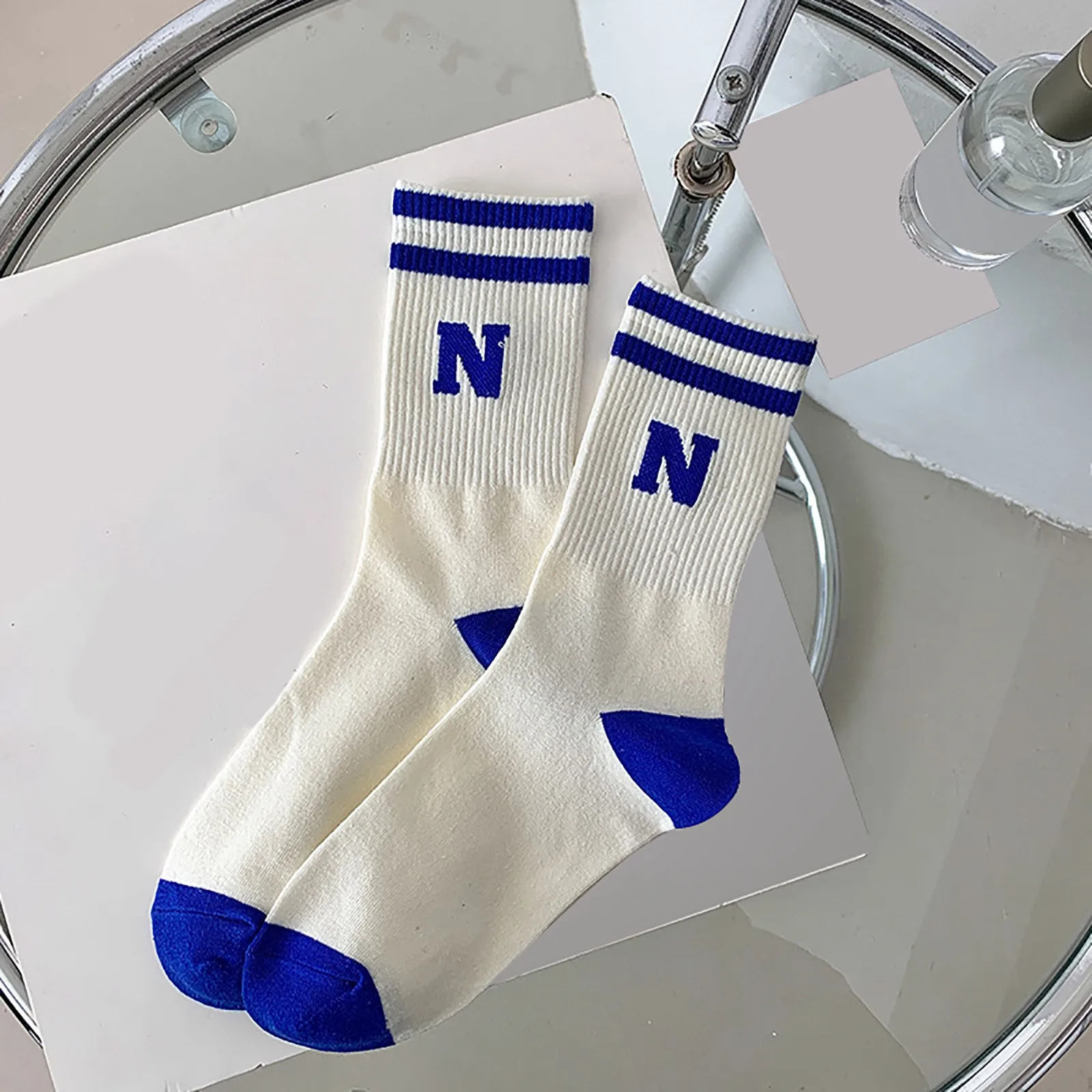 

Women Cotton Plaid Socks Spring Summer Klein Blue Thin Mid-Tube Sock Hip Hop Harajuku Korean Style Breathable Soft Sports Socks