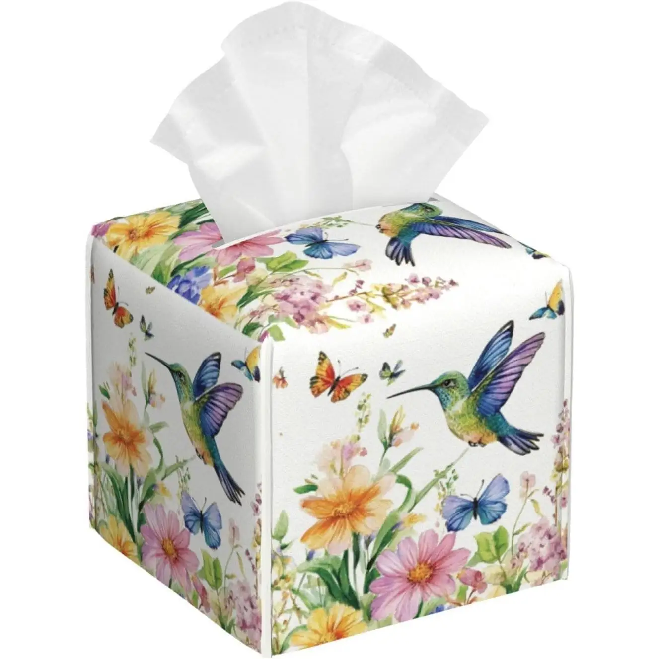 Spring Floral Hummingbird Tissue Box Cover Wild Flowers Florals Butterfly Square Leather Tissue Holder Decorative Facial Tissue