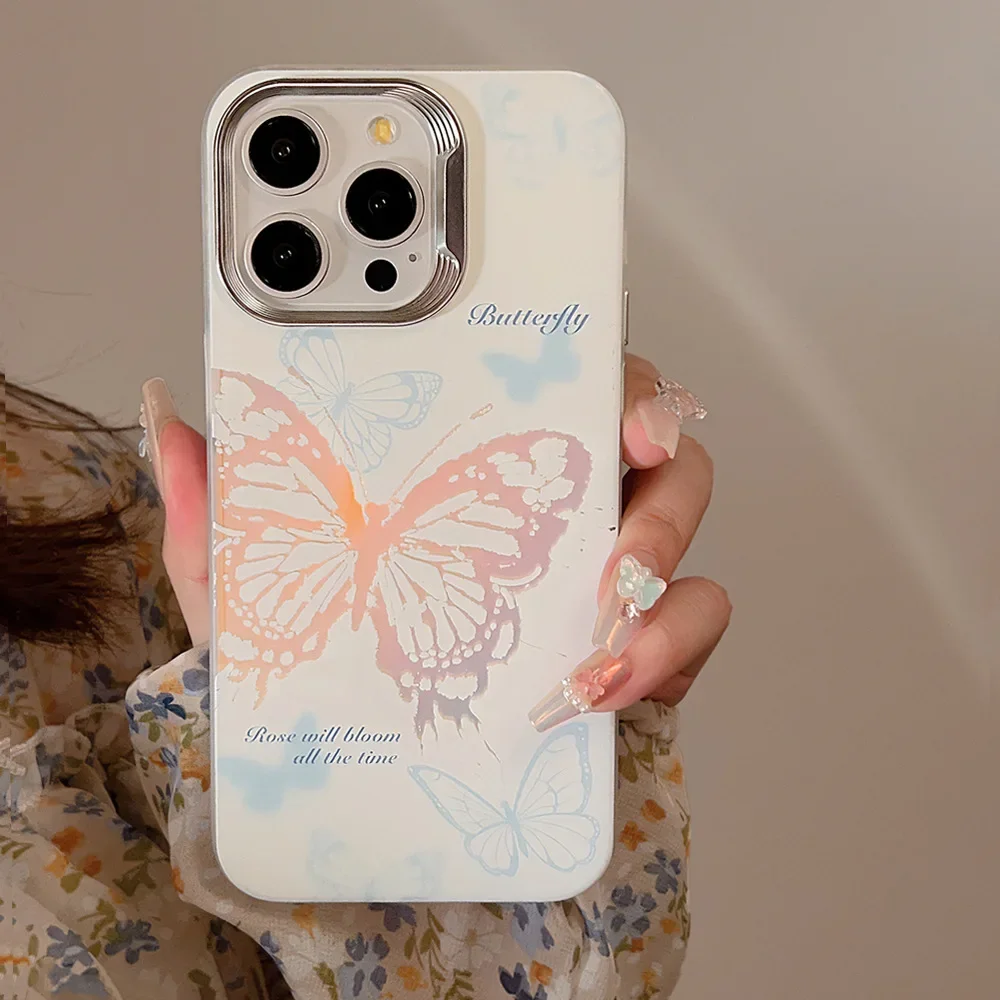 Small Fresh Style Illusion Color Butterfly Phone Cover Case for iPhone 16 15 14 13 12 11 Pro Max Plus