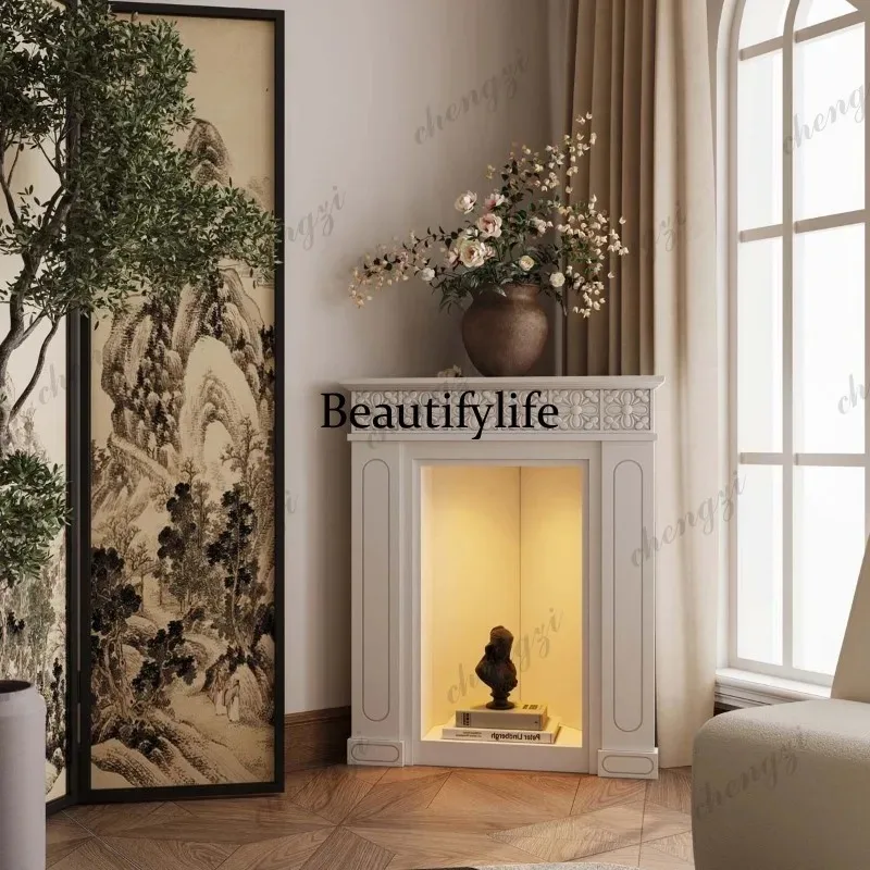 HR French corner fireplace cabinet cream wind belt light carving, porch corner side cabinet decoration against the wall