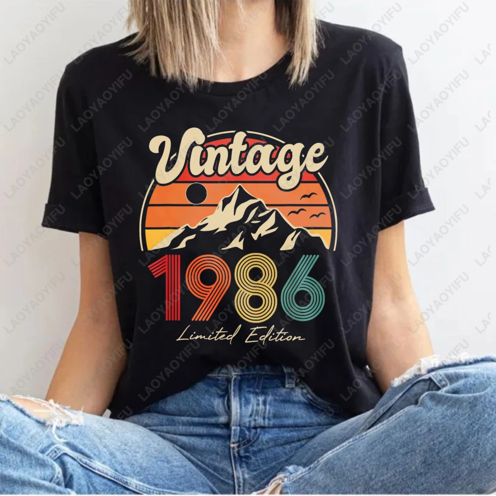 Vintage 1986  40th Birthday Mountain Sunset Summer Women T-Shirt Retro Limited Edition Casual Wear for Outdoor Activities Gift