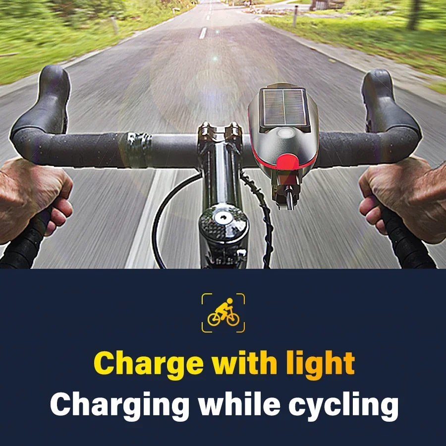 Solar Power Bike Light Waterproof Bicycle Headlight With 120 Decibel Horn High Brightness 80 Meters Visible Floodlight Range USB