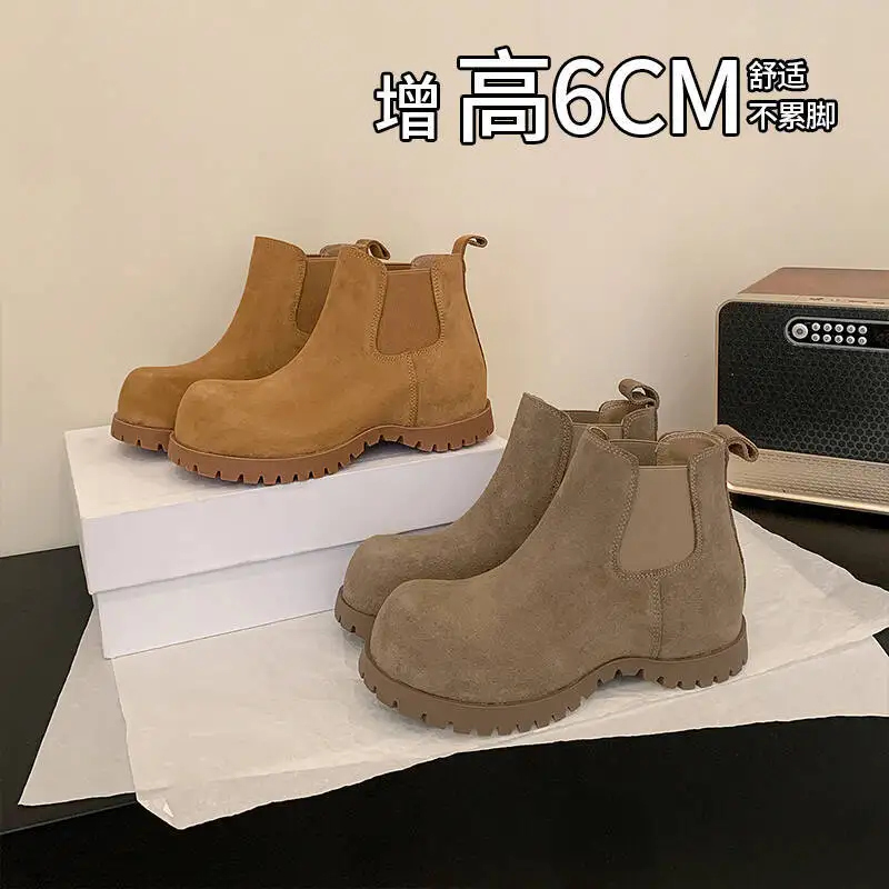 

New retro suede round toe boots with increased height inside women's boots versatile and slimming Chelsea short boots