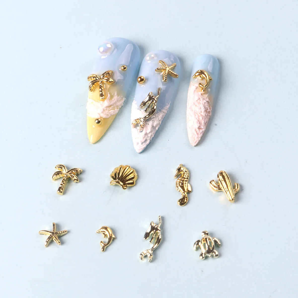 50PCS Mixed 3D Gold Summer Ocean Shell Starfish Metal Manicure Nail Decoration Mermaid Coconut Tree Nails Art Charms