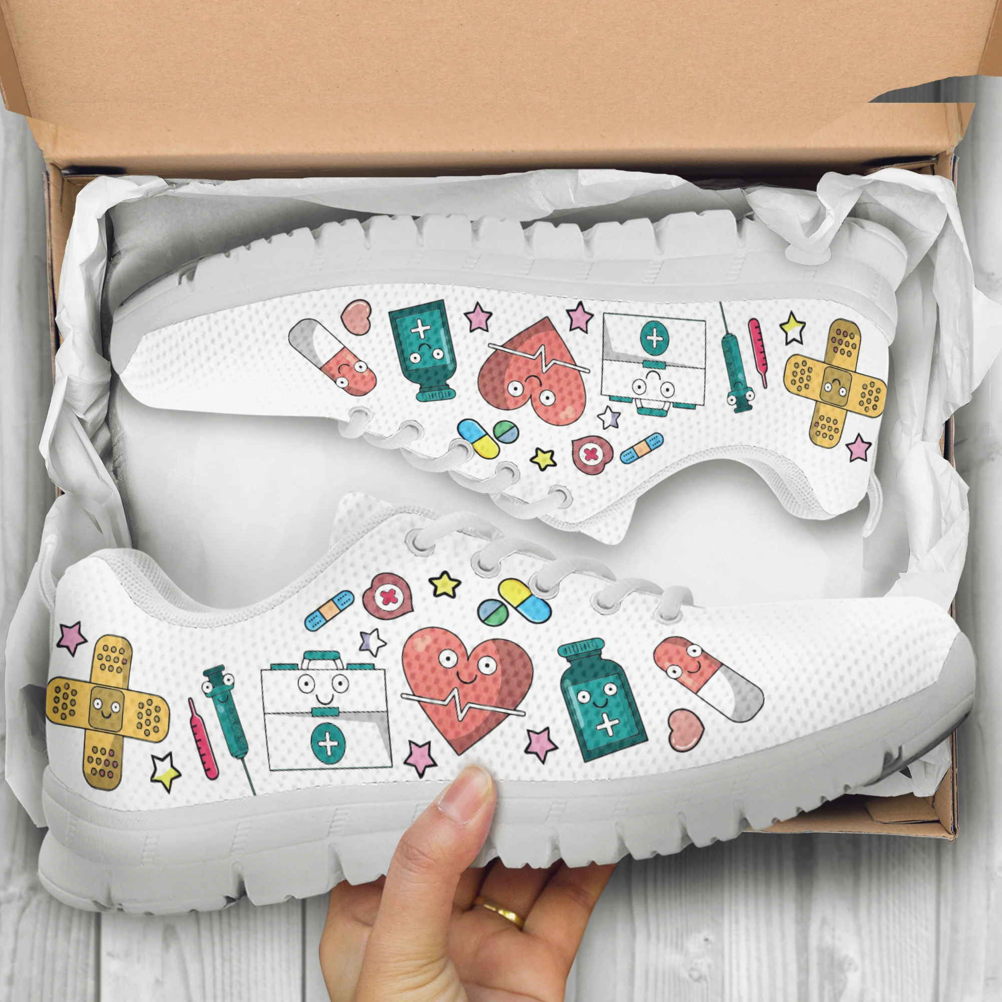 Kawaii Hospital Cartoon Nurse Girls Pattern Sneakers Shoes for Ladies Breathable Lace up Sneakers Comfort Zapatillas de Mujer