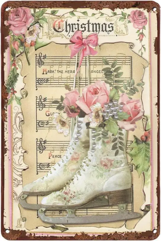 Retro Tin Sign Metal Poster, Christmas Ice Skates Metal Wall Art For Home Bar Kitchen Garden Plaque 8X12 Inch Decor Gifts sign