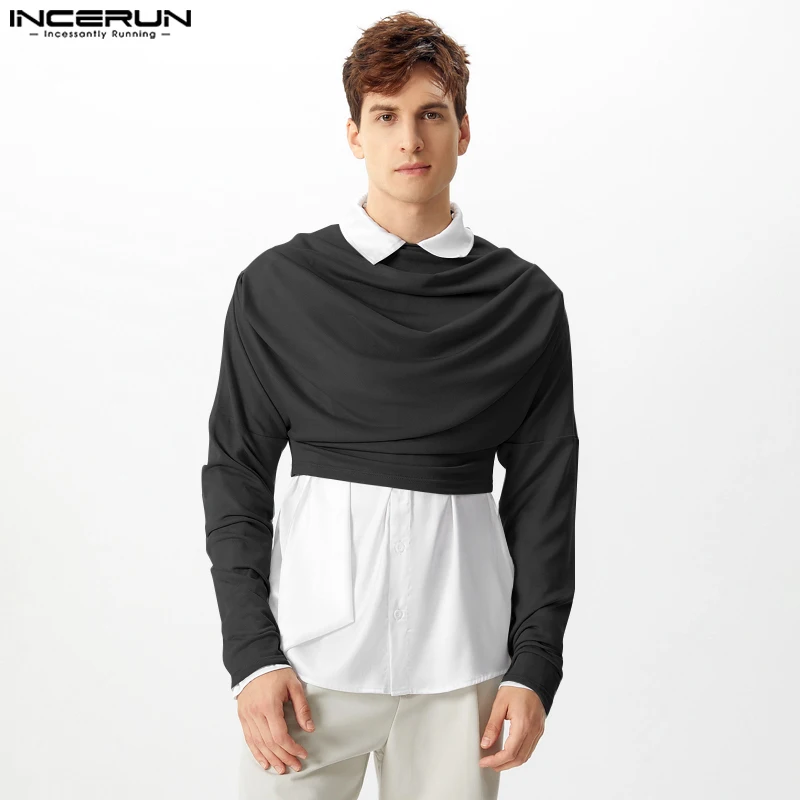 INCERUN New Men's Stylish Tops Pile Neck Cropped T-shirts Leisure Streetwear Male Solid Comfortable Long Sleeved Camiseta S-5XL