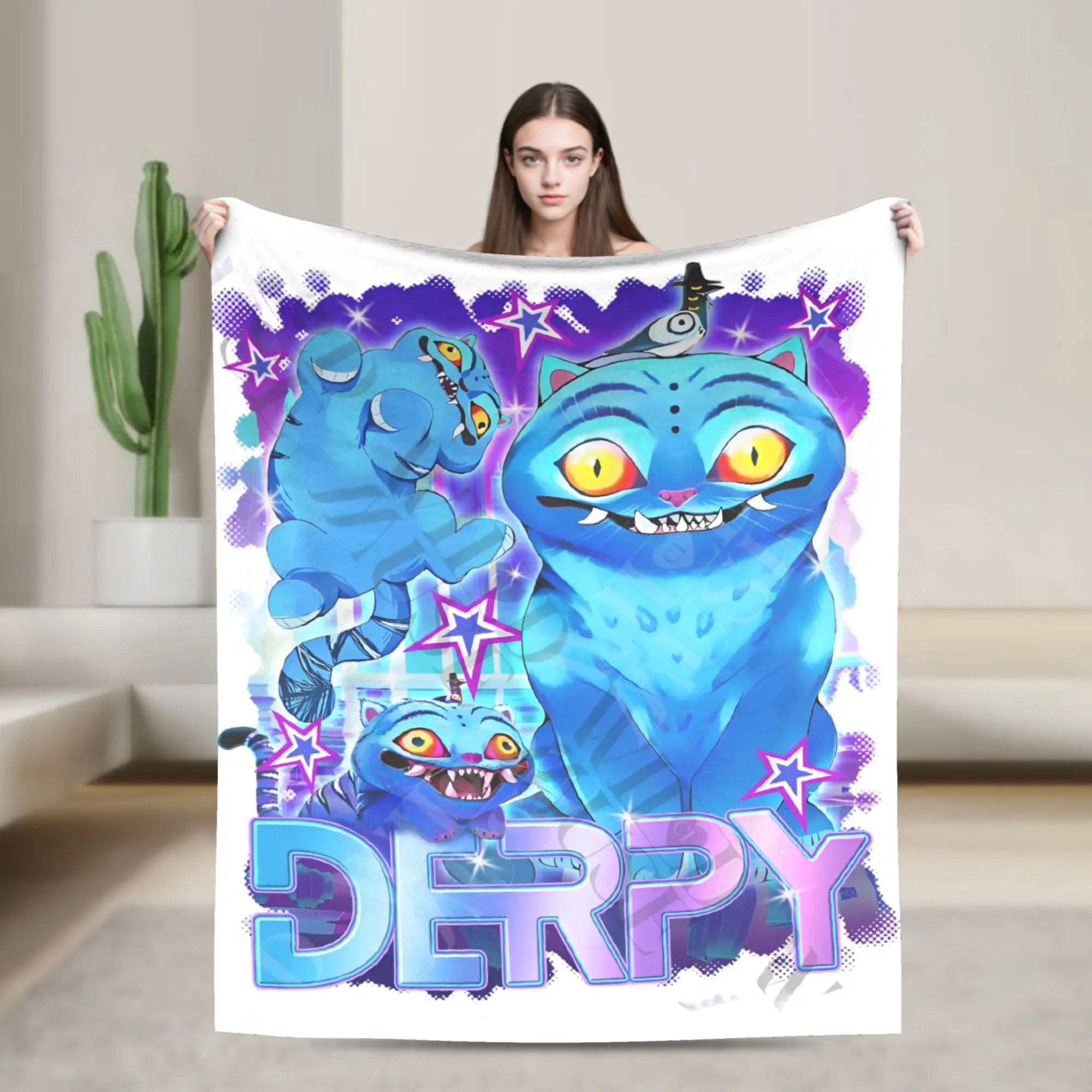 

Derpy Blue Tiger Plush Blanket KPop Demon Hunters Creative Throw Blankets for Bed Sofa Couch 200x150cm Quilt