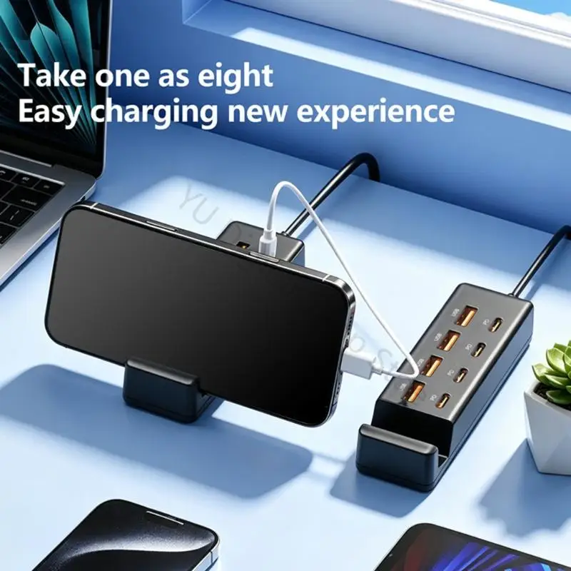96BA 8-Way USB Charging Splitter Adapter with 4 USB-A and 4 USB C Outlets, 480Mbps Data Link and Integrated Vertical Phone Stand
