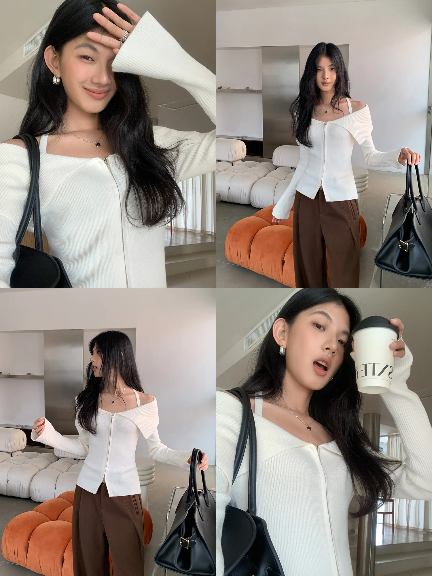 

MULVAN Premium Double Zipper Knitwear oulder Bared Slim Fit Long Sve Ne Hanging Sweater Commute Sle Pure Color Design