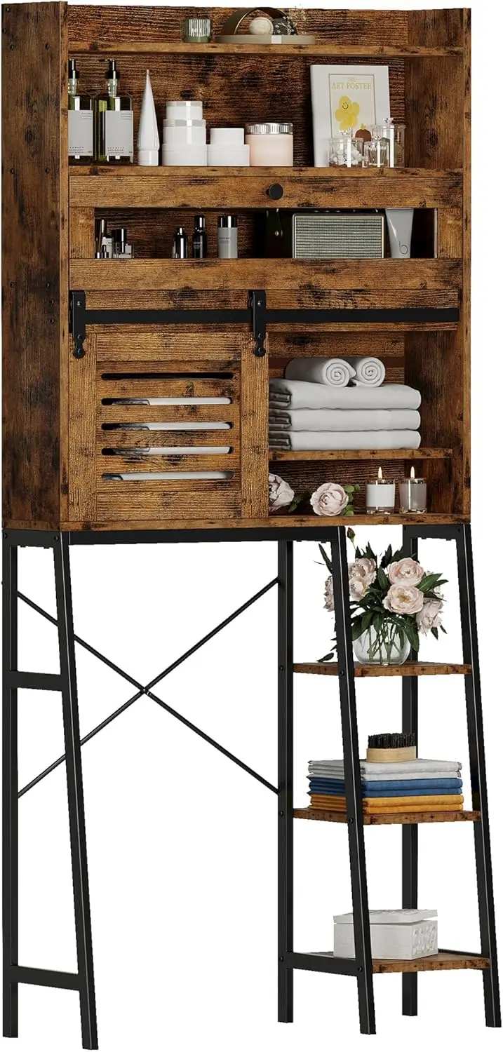 

Over The Toilet Storage Cabinet with Sliding Barn Door, 5-Tier Farmhouse Bathroom Organizer, Freestanding Space Saver with