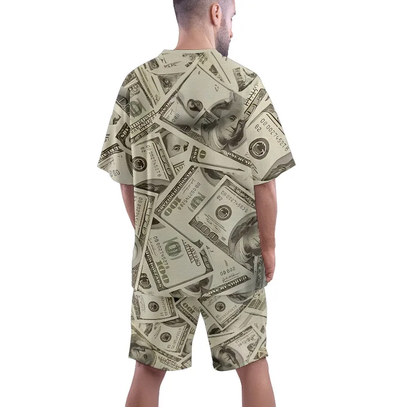 Summer 2025 3D Printed Gold Coin Grid Rainbow Color Block Fashionable Round Neck Short Sleeved T-shirt Shorts Set for Men