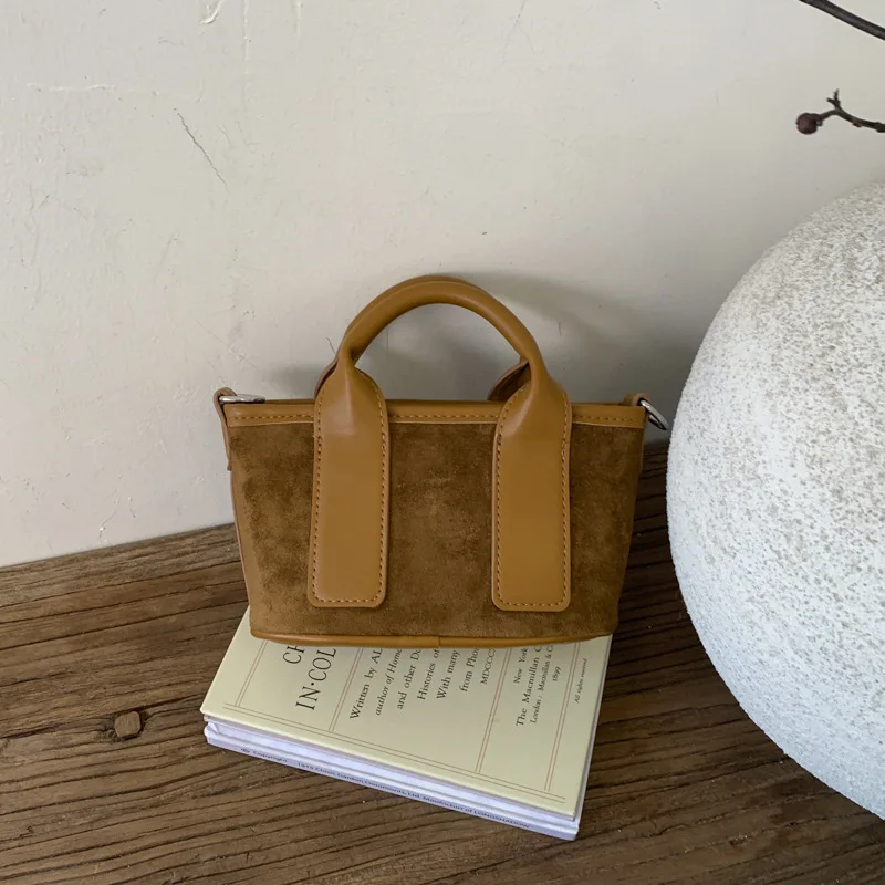 

Vintage Matte Suede Small Bucket Bag - Top-Handle, Shoulder & Crossbody 3-in-1 Purse for Women