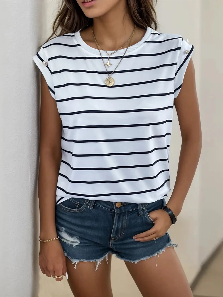 JIM & NORA Women\'s Korean Retro Style Casual Striped Summer Sleeveless Shirt Round Neck Elegant Fashion Temperament T-Shirt