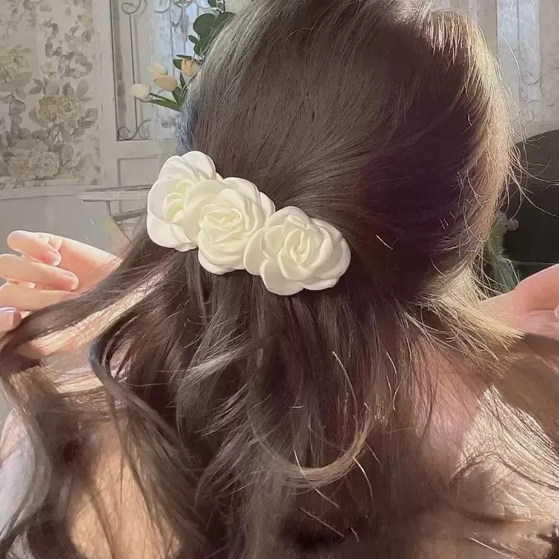 2Pcs White Rose Flower Hair Clips for Women, Elegant Organza Satin Hair Barrettes, Bridal Hair Accessories for Wedding, Party &