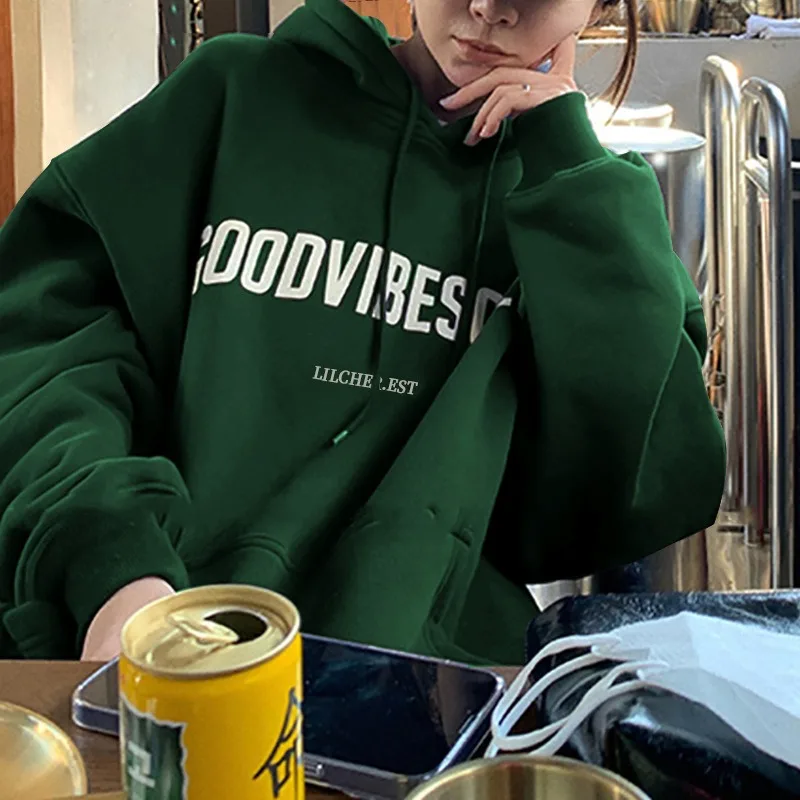 Women Korean Style Hooded Sweatshirt Letter Graphic Relaxed Fit Daily Casual Long Sleeve Pullover Streetwear Concise Top
