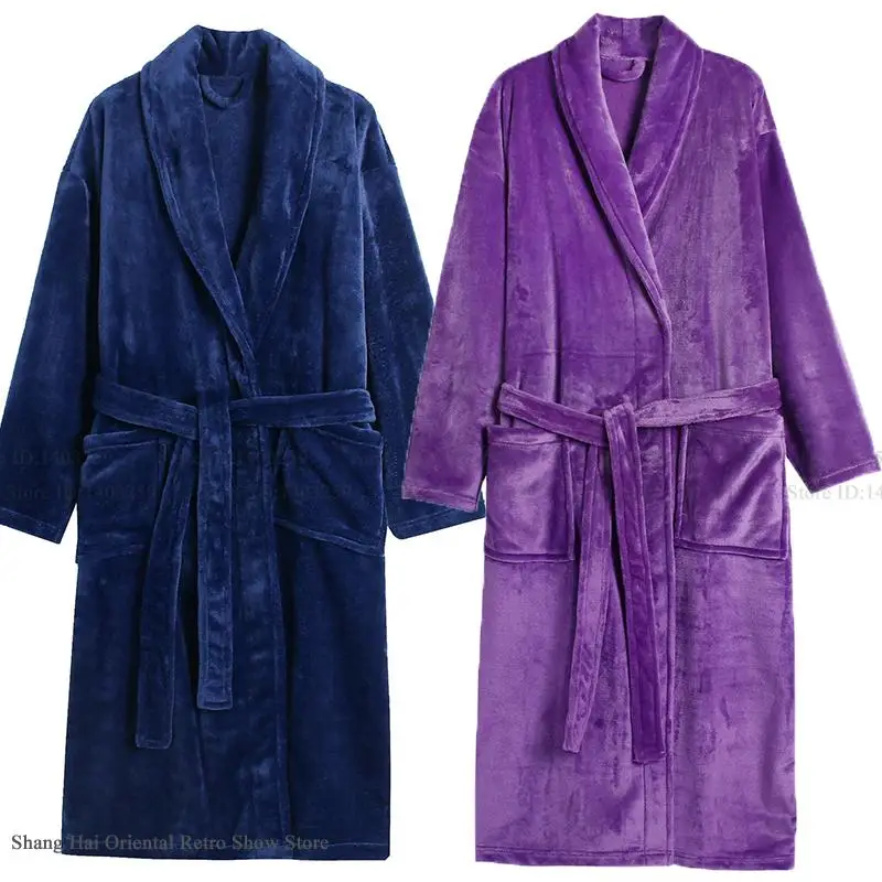 

Winter Couple Flannel Robe Kimono Bathrobe Gown with Pocket Thicken Warm Women Sleepwear Nightgown Casual Coral Fleece Homewear