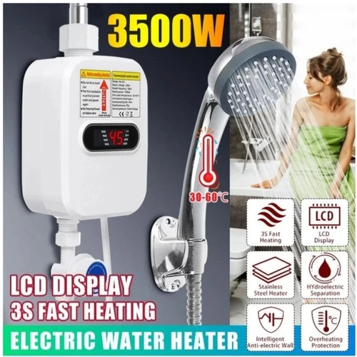욕실 주방 탱크 없는 전기 순간 온수기 샤워, 3500W 220V 3S 난방, 온도 표시, EU 플러그