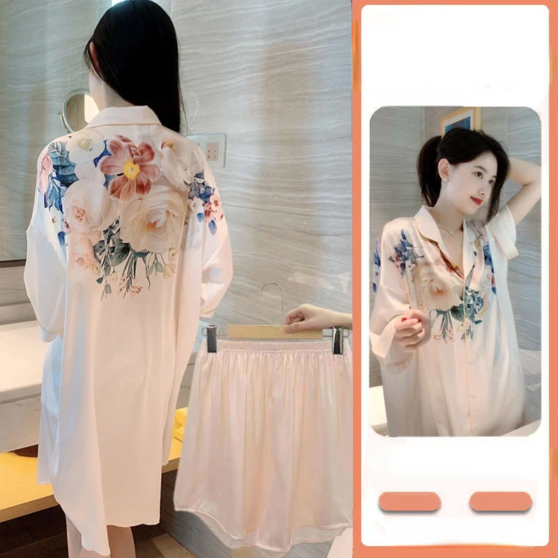 Women Pajamas Summer Sexy Ice Silk Pajamas Shorts High-end Oversized Shirts Dresses Home Clothes That Can Be Worn Externally