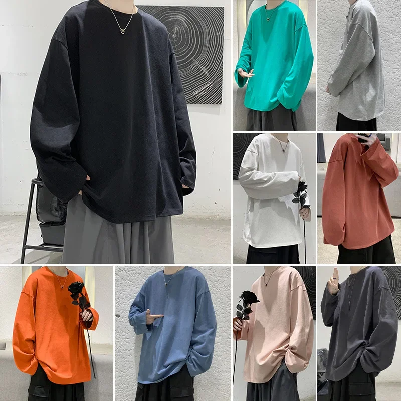 Spring Korean Harajuku Oversize T-shirt Men Solid Casual Loose Long Sleeves Men T Shirt Fashion Simplicity Men Clothing Y2k