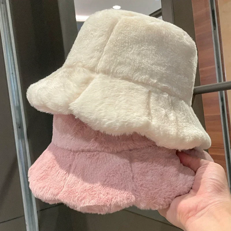 Women Girls Faux Fur Bucket Hat Plush Warm Fisherman Hat Outdoor Windproof Panama Bowl Hats Autumn Street Cold -proof Cap Hats