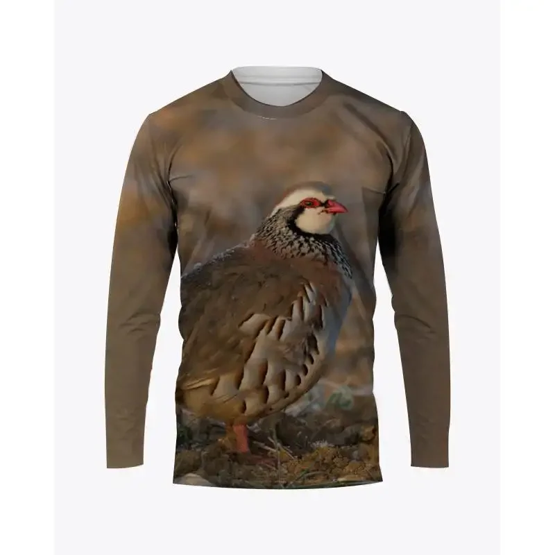 Spring and Autumn Men\'s Round Neck Camouflage Hunting Quail Animal 3D Printed T-shirt Long Sleeve Casual Top Loose and Fashion