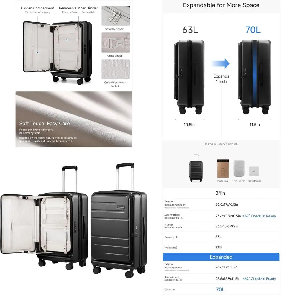 

Expandable Hard Shell Suitcase with Wheels, 24 Inch, 63-70L Capacity, Black